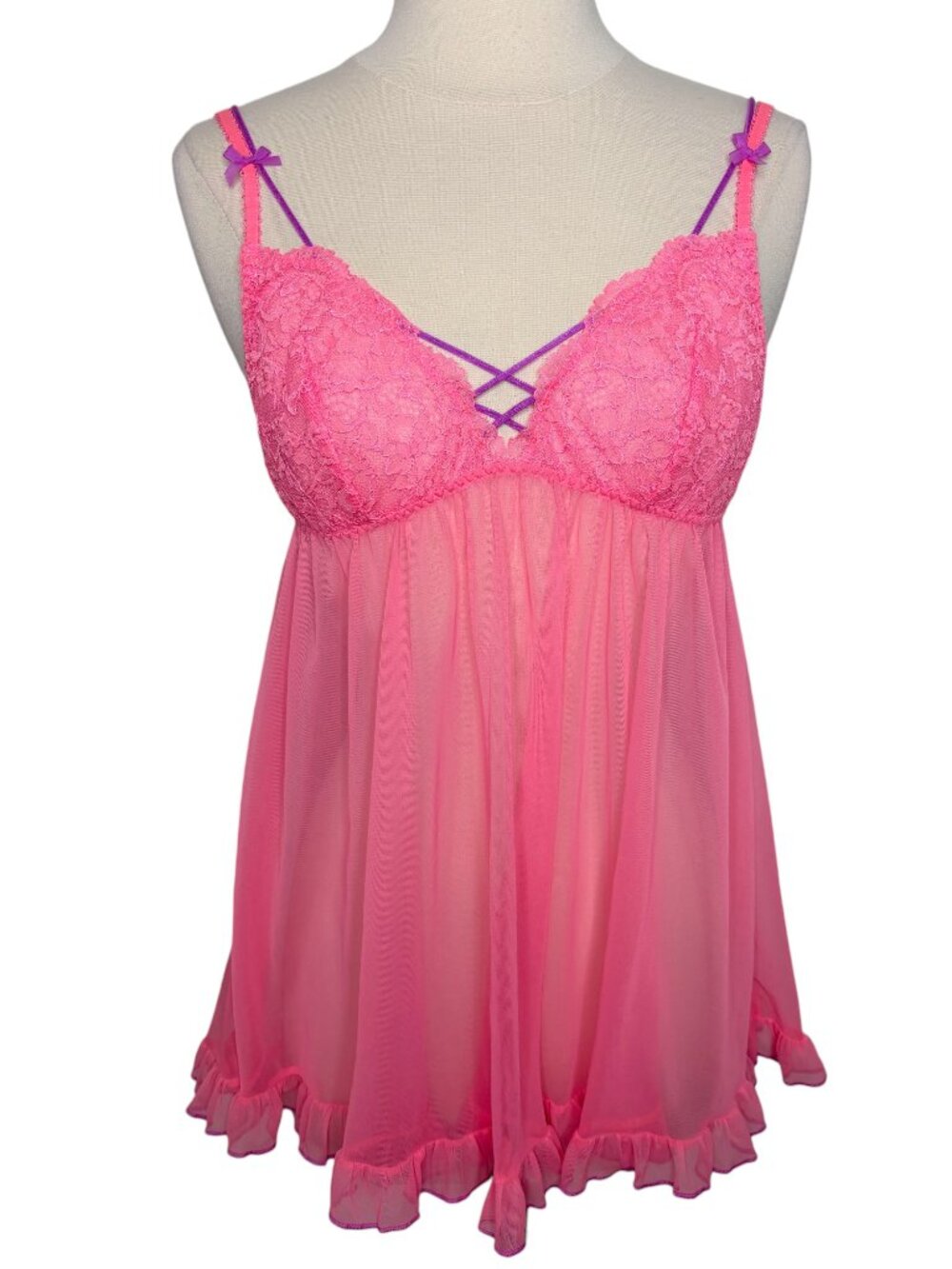 Victoria Secret Sheer Pink Mesh Ruffle Lace Babydoll Lingerie Size Small
